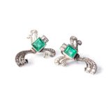A PAIR OF DIAMOND AND EMERALD EARRINGS Bezel-set to the centre with emerald-cut emeralds with a