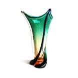 A MURANO STYLE GLASS VASE Blown and twisted glass in orange, blue and green, 35cm
