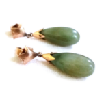 A PAIR OF JADE EARRINGS of teardrop form, with 9ct yellow gold caps, flexible