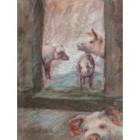W*** M*** Deeb (South African 20th Century-) GROUP OF PIGS AT THE DOOR signed acrylic and pastel