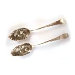 A PAIR OF GEORGE III SILVER OLD ENGLISH PATTERN BERRY SPOONS, WILLIAM ELEY, WIILIAN FEARN AND