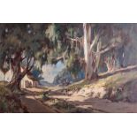 Johan (Johannes) Oldert (South African 1912-1984) ROAD AND BLUEGUMS signed oil on canvas laid down