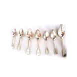 SEVEN SILVER FIDDLE-PATTERN SPOONS, VARIOUS MAKERS AND DATES Comprising: a table spoon, four dessert