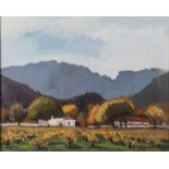 David Botha (South African 1921-1995) HOUSES BENEATH MOUNTAINS signed and dated '55 oil on canvas