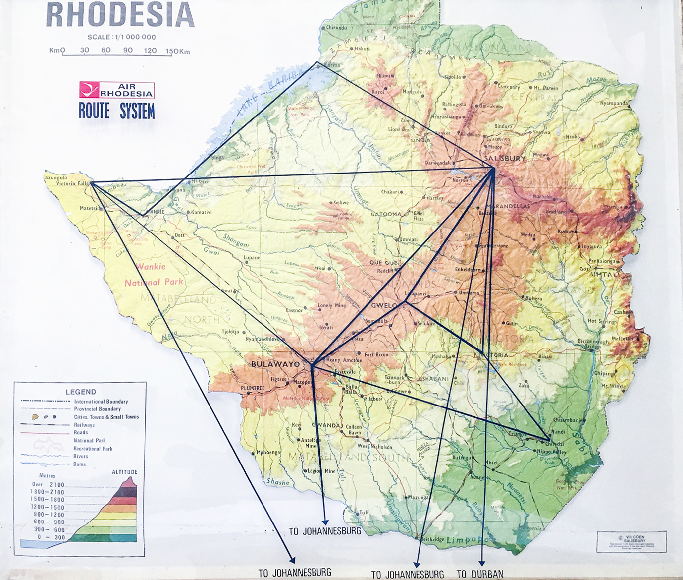 AN AIR RHODESIA MAP In frame with plastic cover. Shows the routing system for the airline, rare.