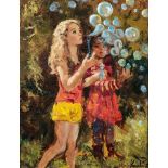 Marie Vermeulen Breedt (South African 1954-) CHILDREN WITH BUBBLES signed oil on canvas 28 by 22cm