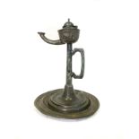 A PEWTER WHALE OIL LAMP, 19TH CENTURY The hinged bowl and spout mounted on a central column with