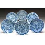 A SET OF SIX CHINESE BLUE AND WHITE ‘PEONY’ DISHES, QING DYNASTY, KANGXI 1662 – 1722