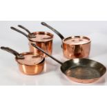 THREE ENGLISH COPPER SAUCEPANS AND COVERS