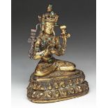 A TIBETAN HARDSTONE INSET GILT BRONZE FIGURE OF MANJUSHRI, 17TH/18TH CENTURY