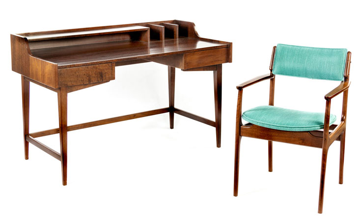 AN IMBUIA DESK AND CHAIR, MANUFACTURED BY E.E. MEYER