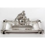 A VICTORIAN SILVER TWO BOTTLE INKSTAND, MAKER'S MARK J.B, LONDON, 1862