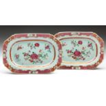 A PAIR OF CHINESE FAMILLE ROSE EUROPEAN MARKET ‘ROSE & BUTTERFLY’ PLATTERS, QING DYNASTY
