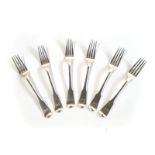 SIX GEORGE IV SILVER FIDDLE-PATTERN FORKS, MAKER'S MARK RUBBED, LONDON, 1820