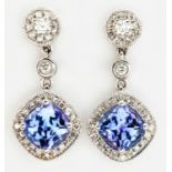 A PAIR OF TANZANITE AND DIAMOND PENDANT EARRINGS