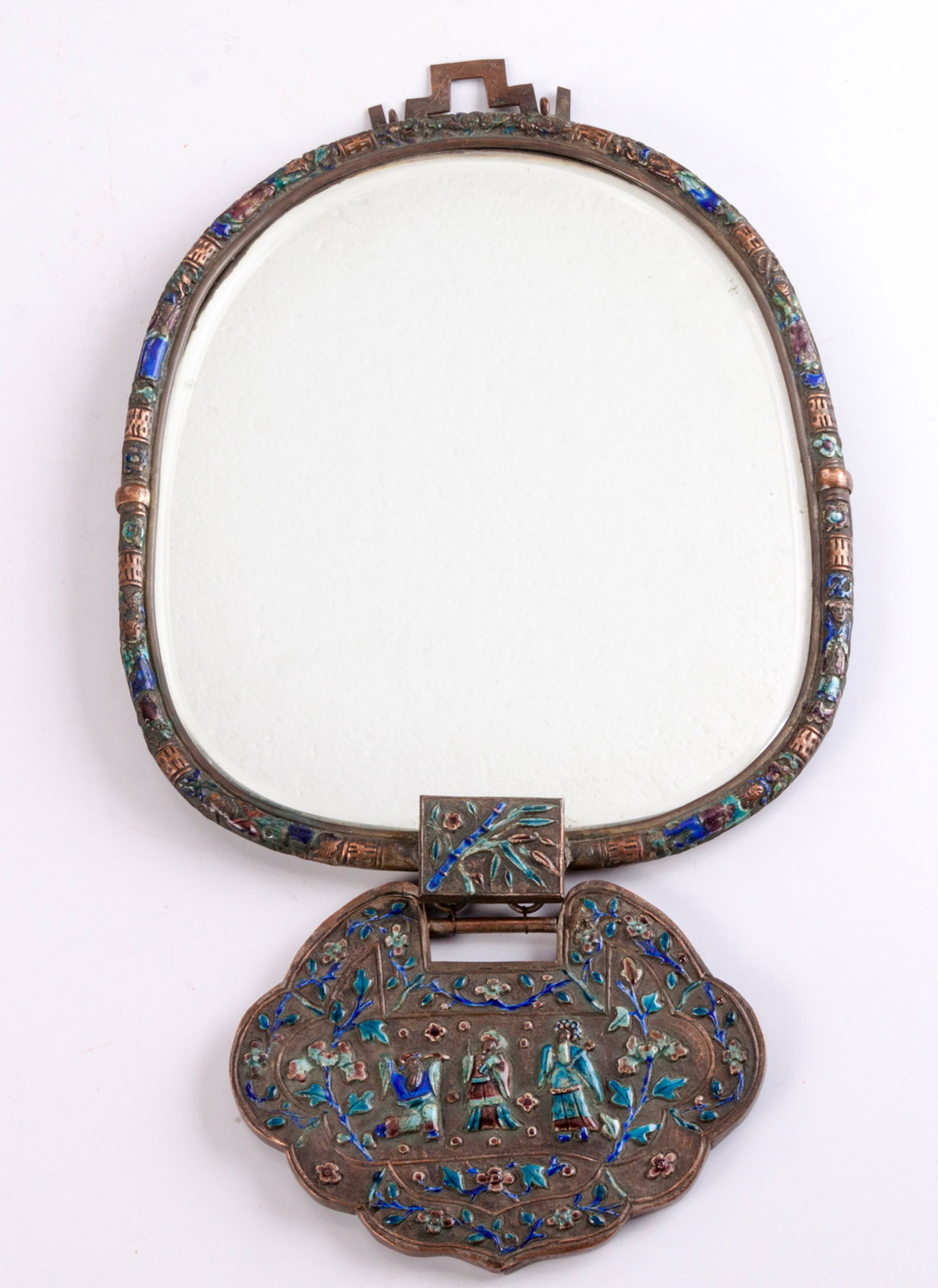 A CHINESE SILVERED COPPER AND ENAMEL ‘LOCK-CHARM’ MIRROR, LATE 19TH CENTURY