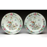A PAIR OF CHINESE FAMILLE ROSE ‘SPOTTED DEER’ PLATES, QING DYNASTY, QIANLONG 1736 – 1795