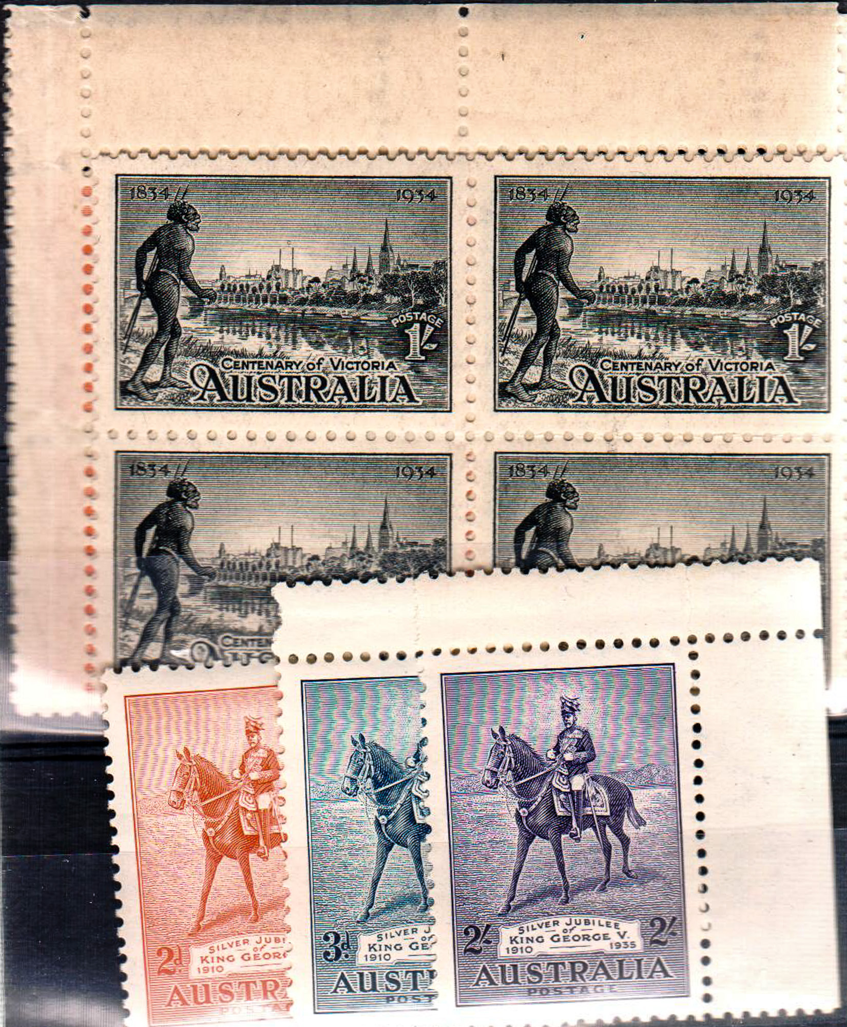 AUSTRALIA **/* 1934 Centenary of Victoria set of 3 in blocks of 4. 1/- block lightly mounted. Also