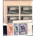 AUSTRALIA **/* 1934 Centenary of Victoria set of 3 in blocks of 4. 1/- block lightly mounted. Also