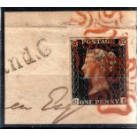 GREAT BRITAIN o 1840 1d black, Plate 5, lettered CI, tied to piece with two red MC cancellatIons,