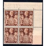 GREAT BRITAIN ** 1939 2/6 brown. North East corner block of 4. Varieties, 'Mark in shield (R1/7) and