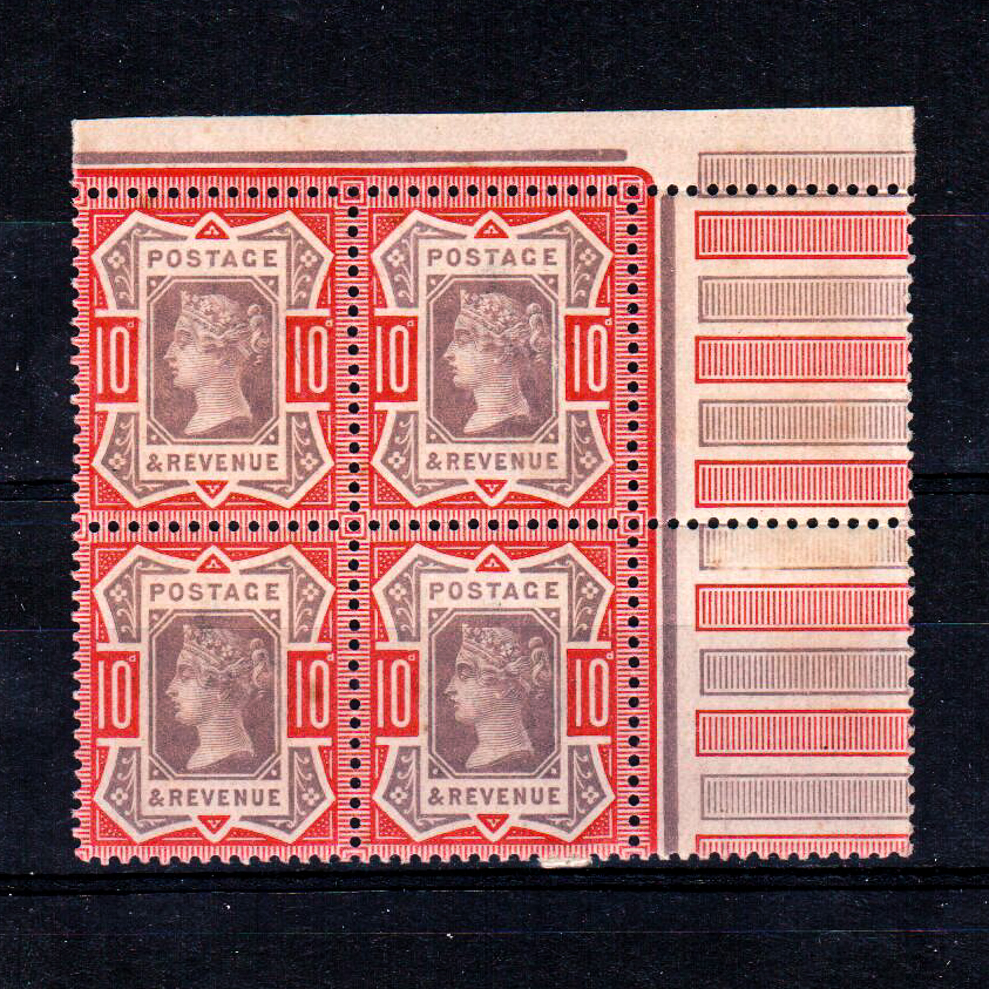 GREAT BRITAIN ** 1887-1892 Jubilee issue. 10d dull purple & scarlet. North East corner block of 4.