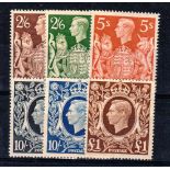 GREAT BRITAIN ** 1939-1948 King George VI 2/6 to £1. Unmounted mint. Full o.g. SG 476-478c. Cat £