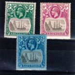 ASCENSION */** 1924-33 Badge issue 1d grey-black & bright blue-green, 6d and 2/-. Fine unmounted/