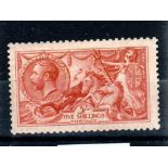 GREAT BRITAIN * 1913 Sea Horses 5/- rose-carmine. Lightly mounted. Large part o.g. SG 401. Cat £ 625