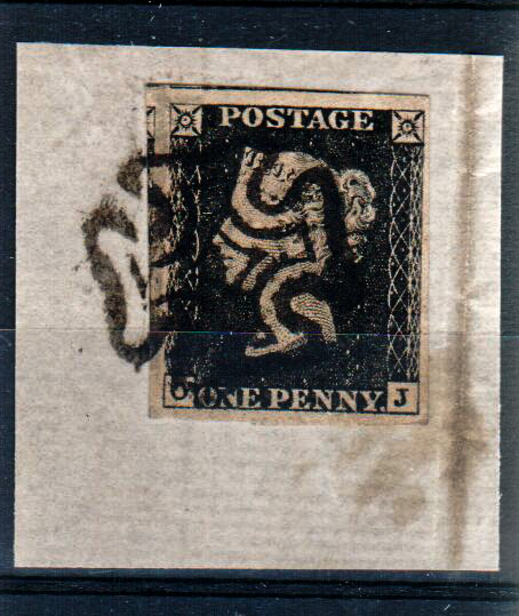 GREAT BRITAIN o 1840 1d intense black, Plate 4, lettered OJ, tied to piece with black MC