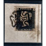GREAT BRITAIN o 1840 1d intense black, Plate 4, lettered OJ, tied to piece with black MC