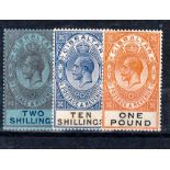 GIBRALTAR ** 1924-1932 King George V 2/-, 10/- and £1. Very fine unmounted mint. SG 99, 106, 107.
