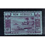 NEW HEBRIDES * 1938 10f violet on blue paper. Lightly hinged. Large part o.g. SG 63. Cat £ 225