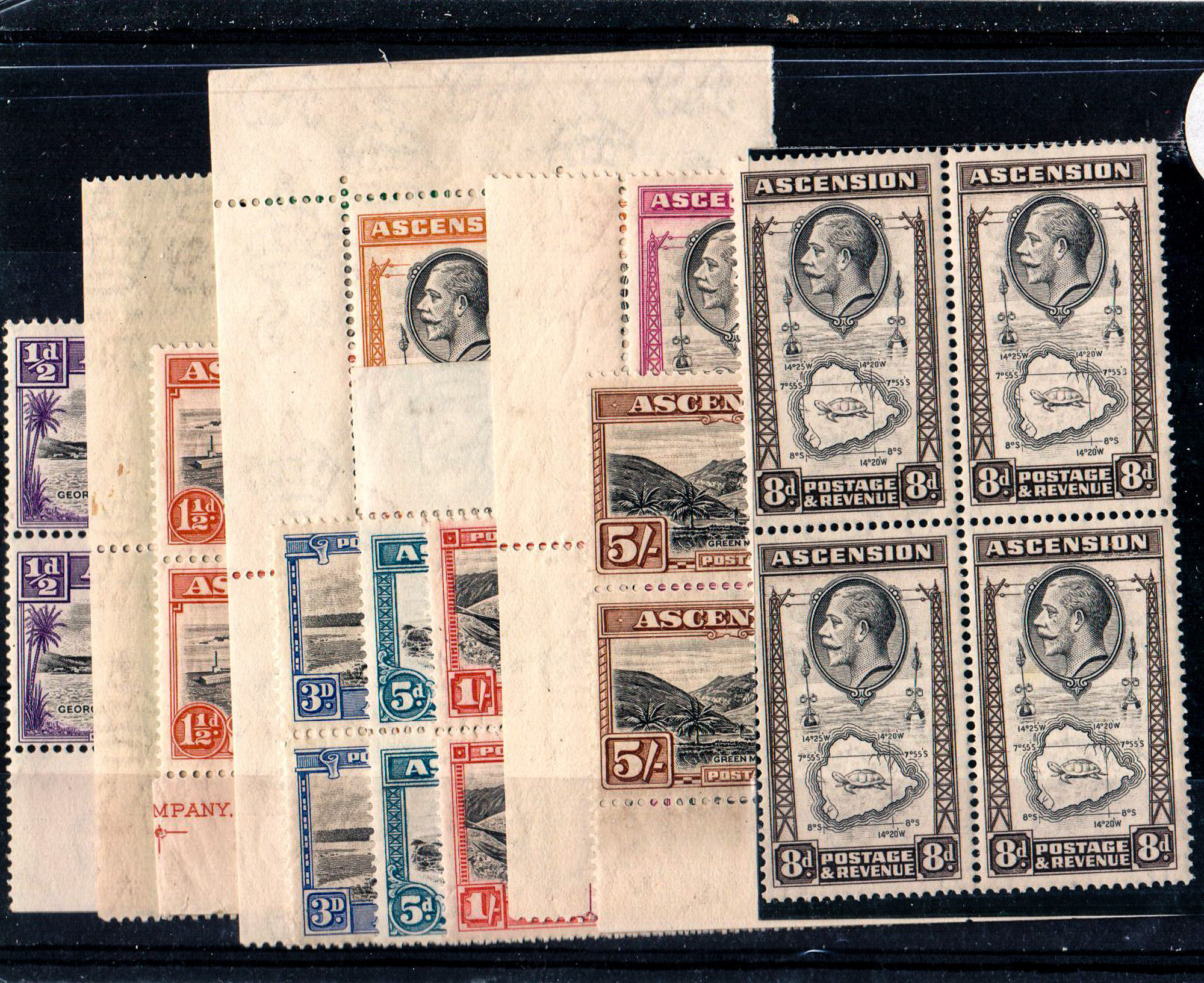 ASCENSION ** 1934 Set of 10 in very fine unmounted mint blocks of 4. 8d includes variety ' Tear