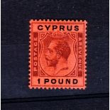 CYPRUS * 1924-1928 King George V £1 purple & black on red paper. Large part o.g. SG 102. Cat £ 300