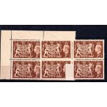GREAT BRITAIN ** 1951 £1 brown. Two blocks of 4, one marginal. Unmounted mint. Full o.g. SG 512. Cat