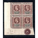 MAURITIUS */** 1920 50c dull purple & black. South West corner control no. 8 block of 4. Lightly