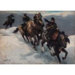 Sergio Nostroff (Russian 20th Century-) MEN ON HORSES signed oil on canvas 50 by 70cm