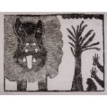 Phillipus Manthata (South African 20th Century-) LION, GIRAFFES AND TREE linocut, signed and