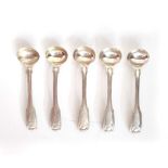 FIVE SILVER FIDDLE, THREAD AND SHELL PATTERN MUSTARD SPOONS Comprising three English, Mary