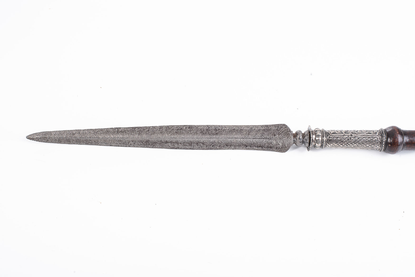 MALAYAN SPEAR c.1800. Cut down wooden shaft. Silver ferrule with heavily-decorated steel head - Image 2 of 2