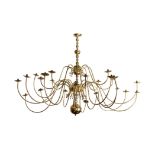 A BRASS CHANDELIER The central column comprising four globes suspended on a baluster-shaped stem,