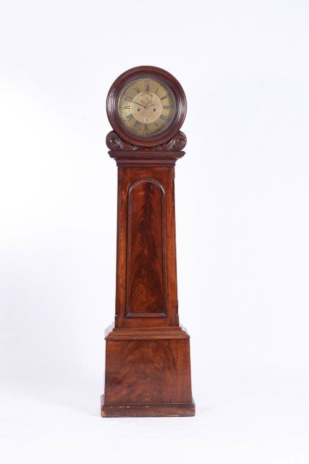 A MAHOGANY DRUMHEAD LONGCASE CLOCK BUYERS ARE ADVISED THAT A SERVICE IS RECOMMENDED FOR ALL CLOCKS