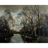 Tinus de Jongh (South African 1885-1942) WINTER STREAM signed oil on canvas 78,5 by 97,5cm