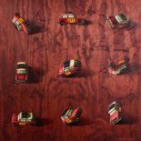 Henk Serfontein (South African 1971-) TOY CARS signed and dated 2001 oil on wood 76 by 76cm