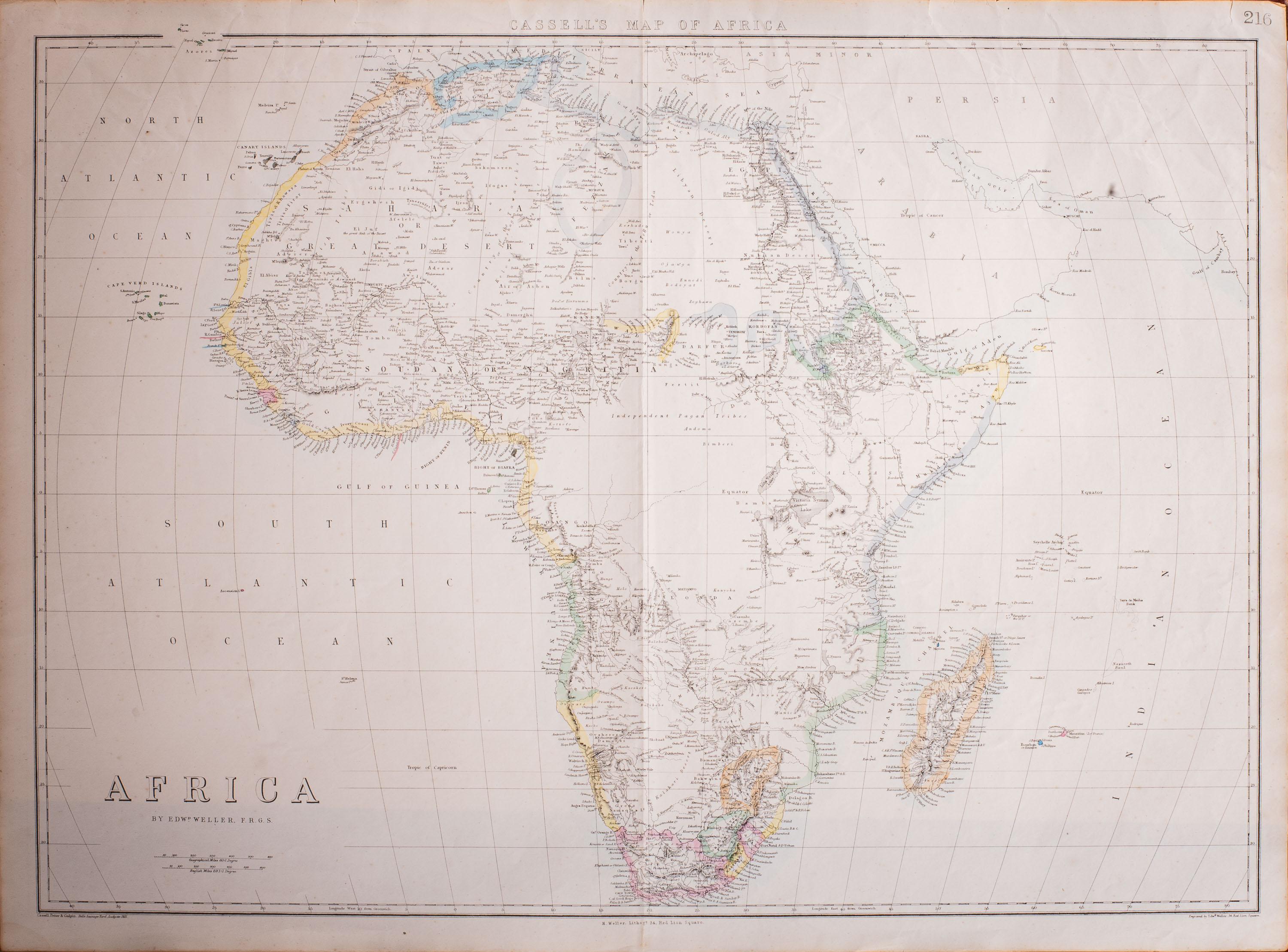 Edward Weller CASSELL'S MAP OF AFRICA London: Cassell, Petter & Galpin, 1863 Steel engraving,