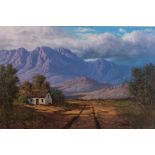 Casey van der Leek (South African 1970-) LANDSCAPE WITH WHITE COTTAGE signed oil on canvas 61,5 by