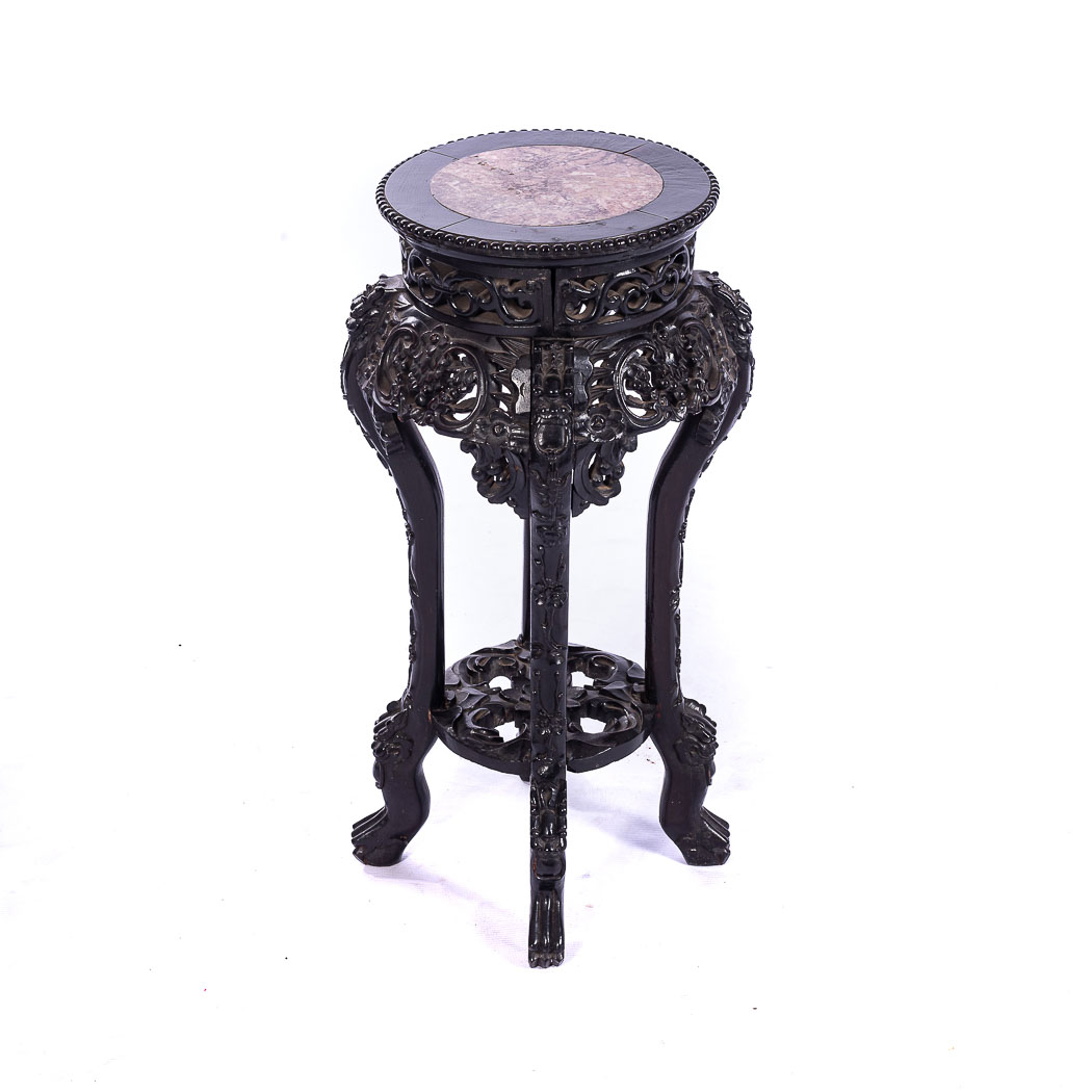 A PAIR OF MISMATCHED CHINESE JARDINERE STANDS The circular marble insets above a key fret border,