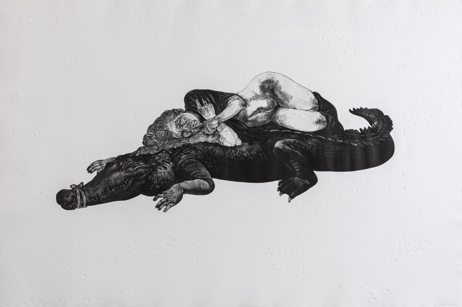 Diane Veronique Victor (South African 1964-) LET SLEEPING CROCS LIE drypoint, etching and embossing,