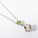 A 9CT WHITE GOLD GEMSTONE PENDANT Claw set to the centre with a checkerboard cut peridot weighing